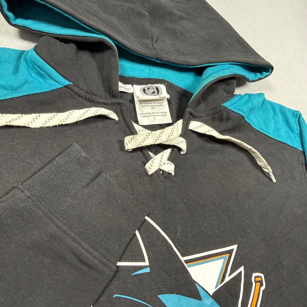 NHL San Jose Sharks Hoodie Black Teal Lace Up Sweatshirt Mens Small